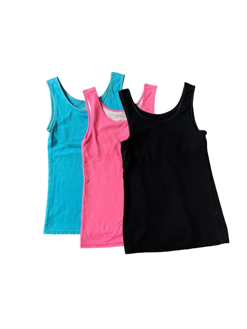 Girls 8 Justice Set Lot of 3 Built in Bra Tank Stretch Tank Tops Blue Pink Black